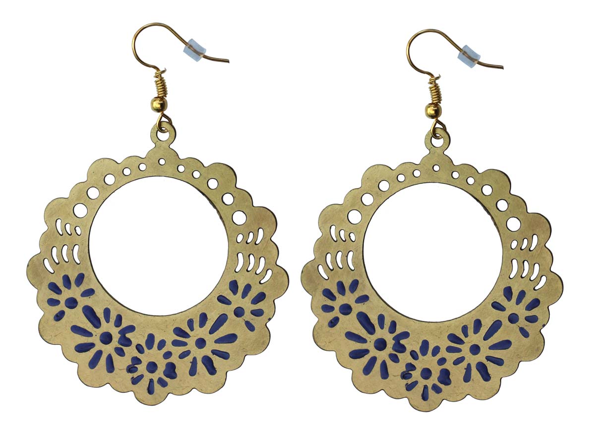 2.5” Brass Hook Earrings with Open-Work Art- Gold-Tone with Blue Enameled-Work - Drop Earrings / Accessories for Her - Buy in Bulk Wholesale